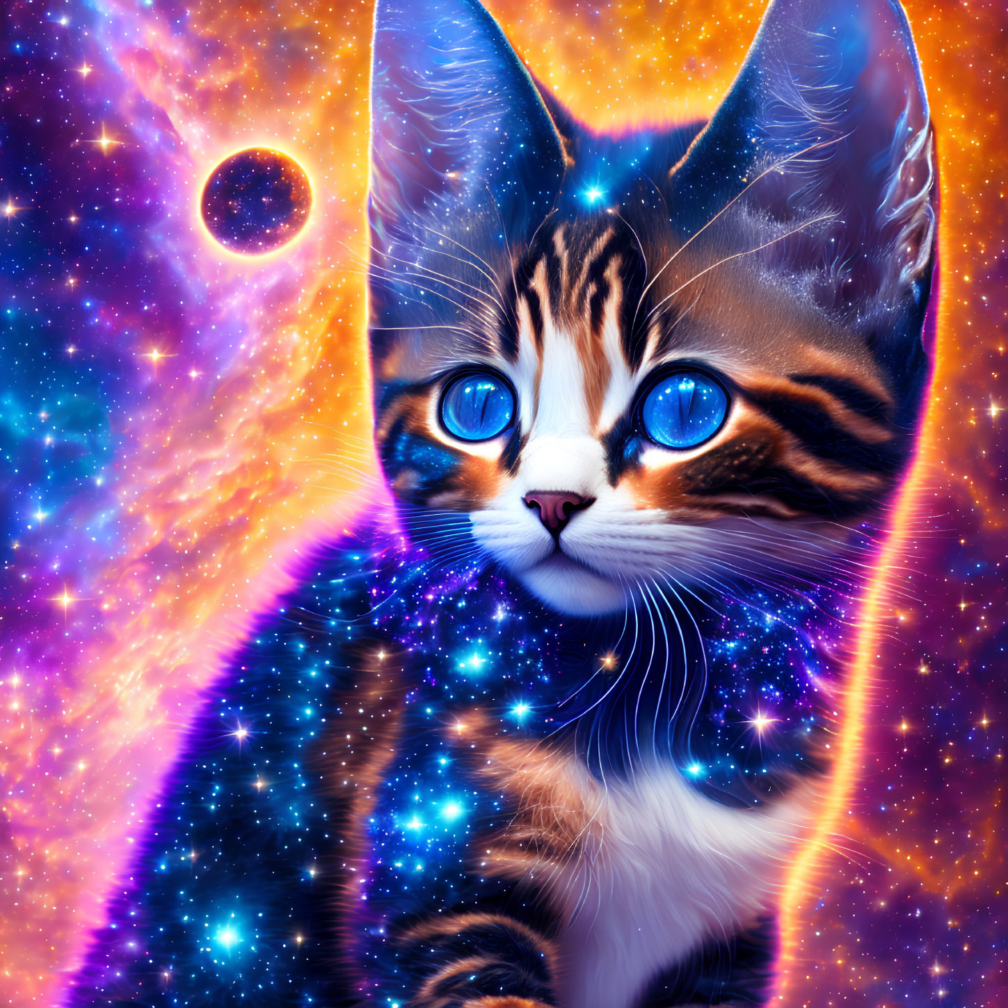 Colorful cosmic cat digital artwork with starry space background