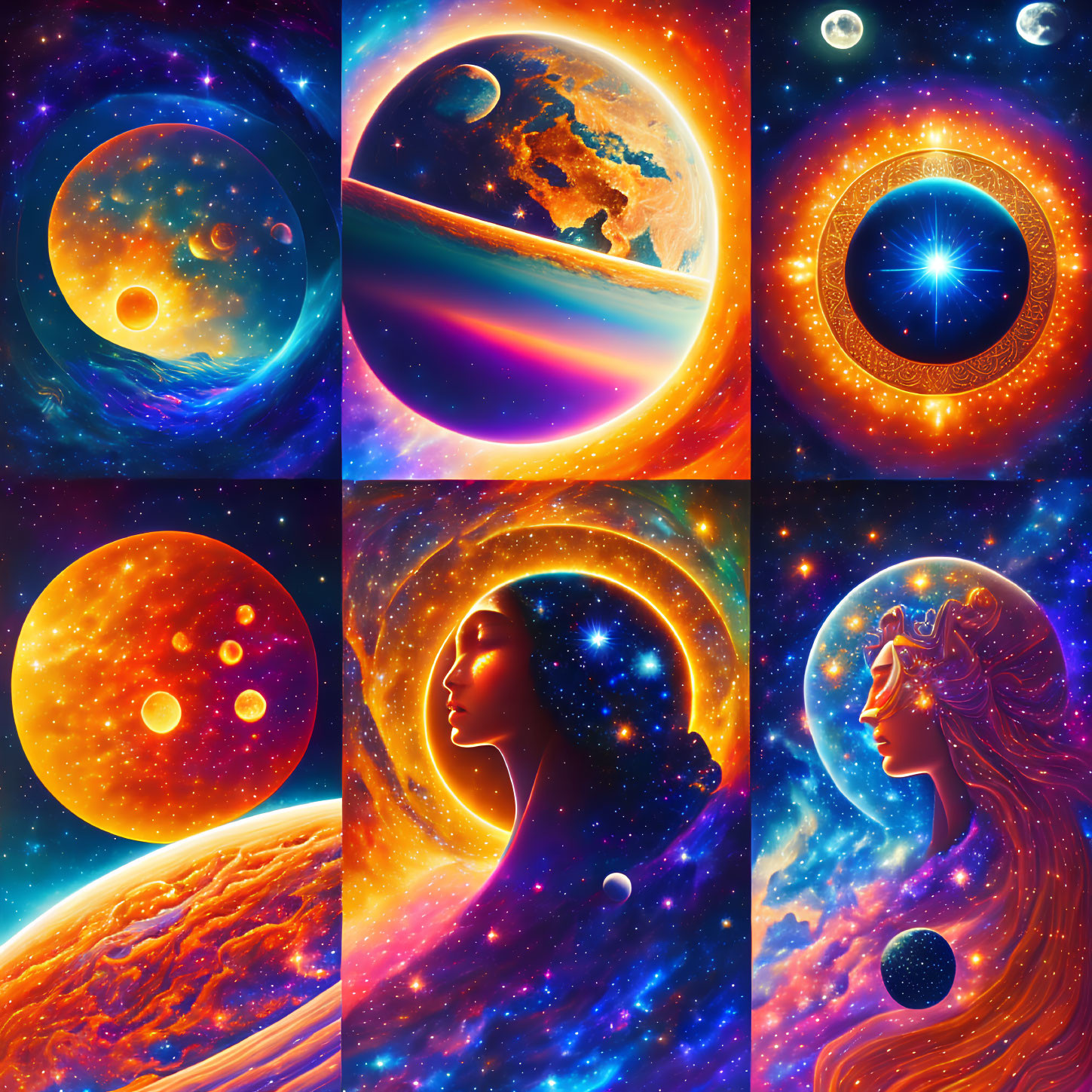 Six vibrant space-themed illustrations with planets, stars, and stylized female figures.