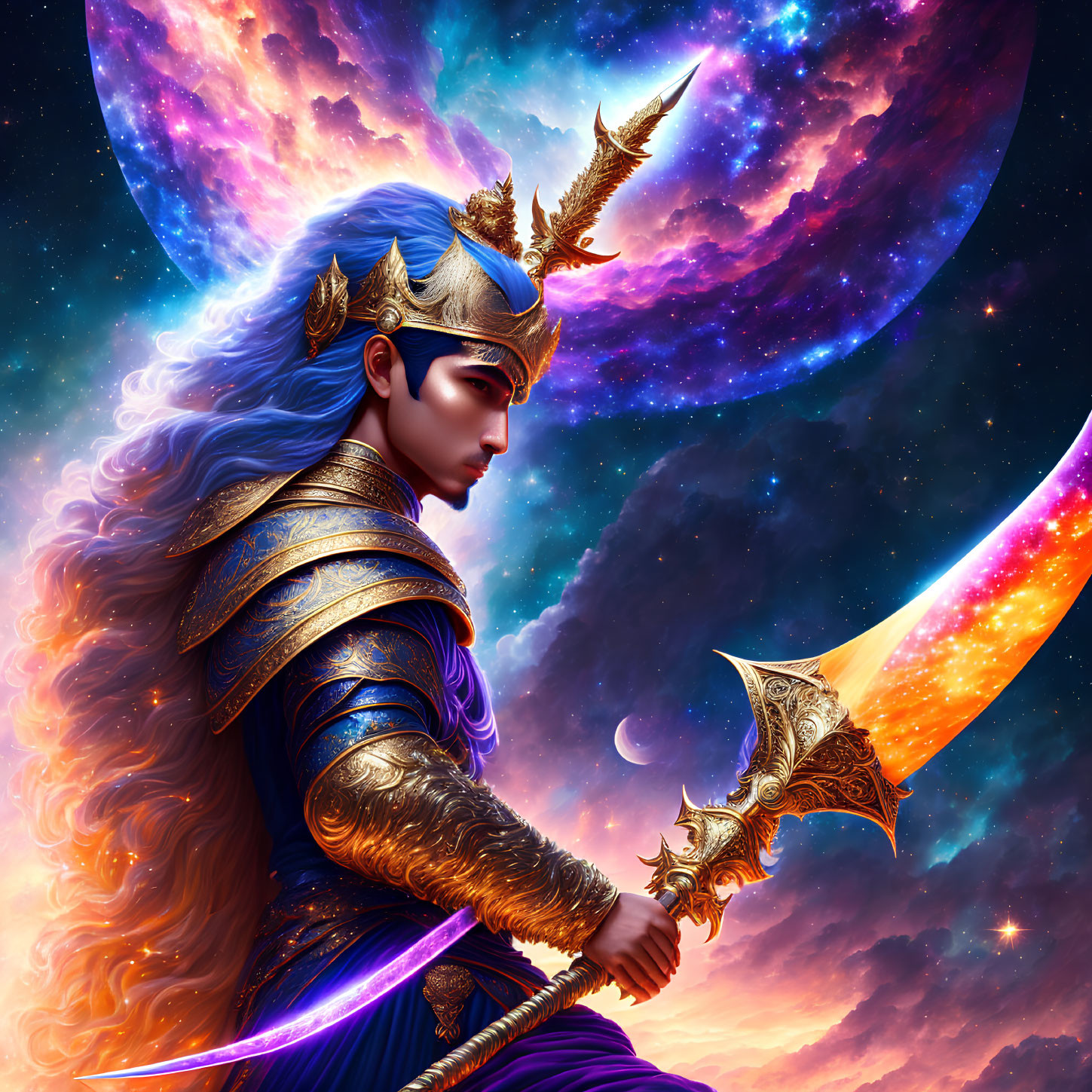 Elaborate golden warrior with glowing spear in cosmic setting