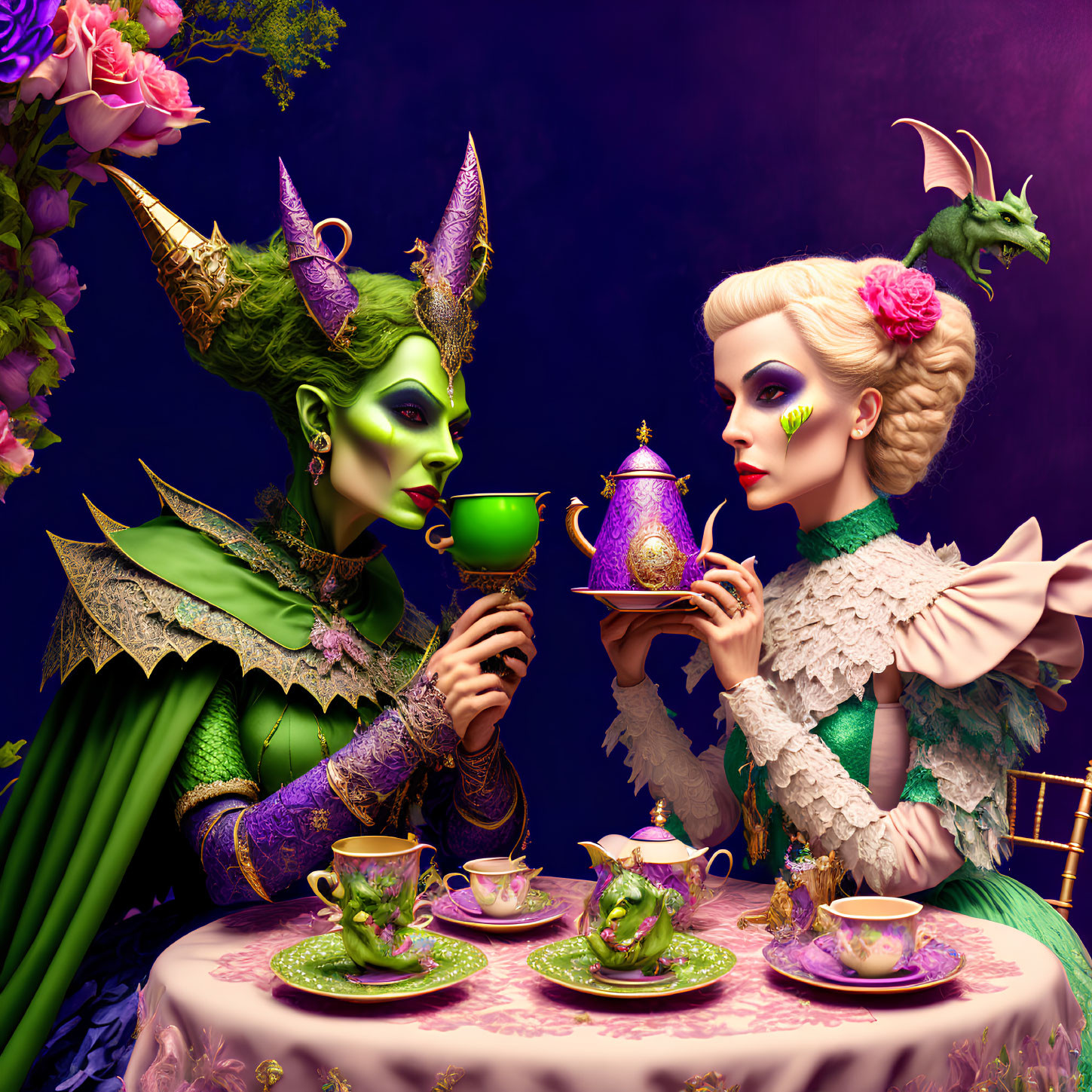 Fantastical female characters in Victorian attire having tea with horns and a dragon