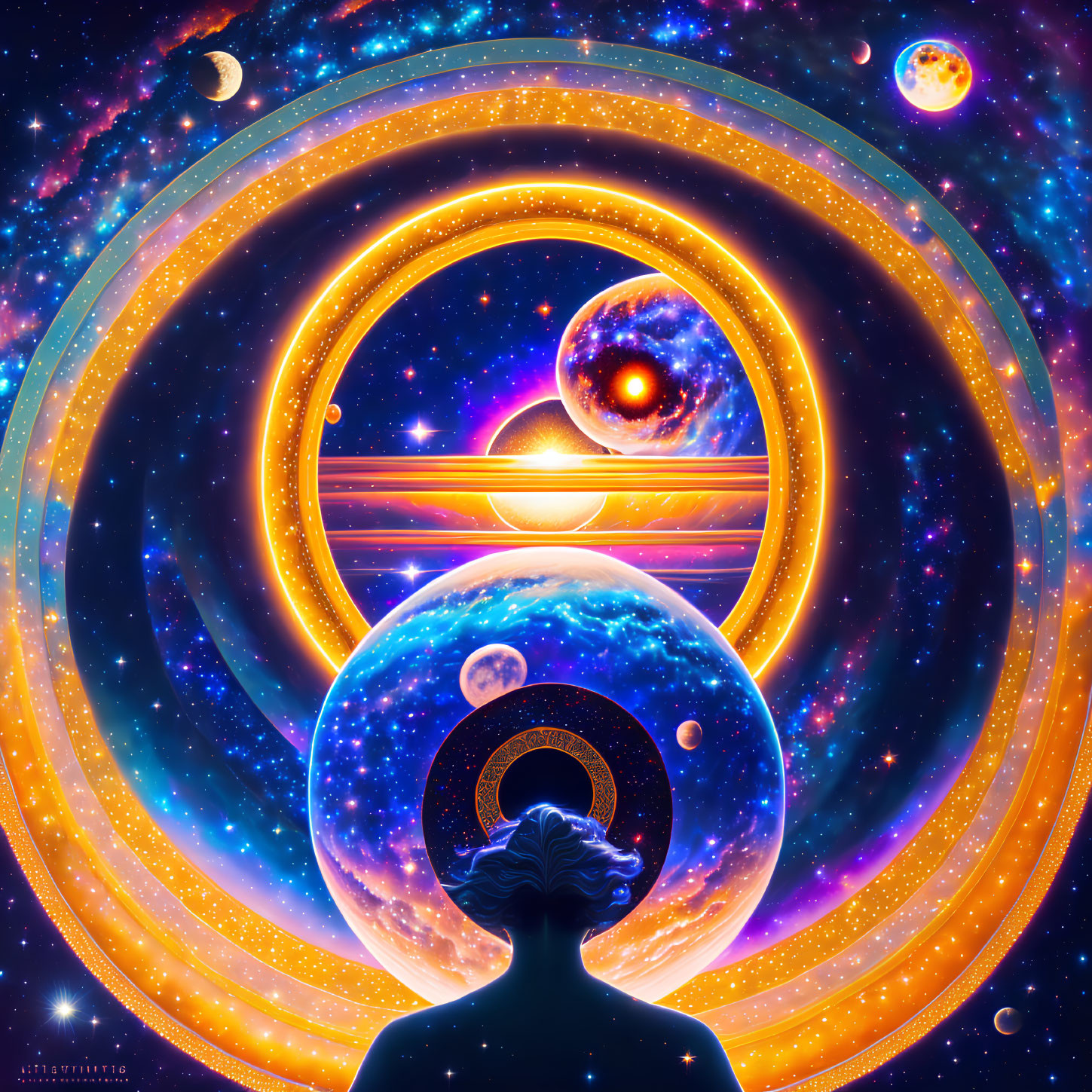 Silhouetted person against vibrant cosmic backdrop with planets and stars.