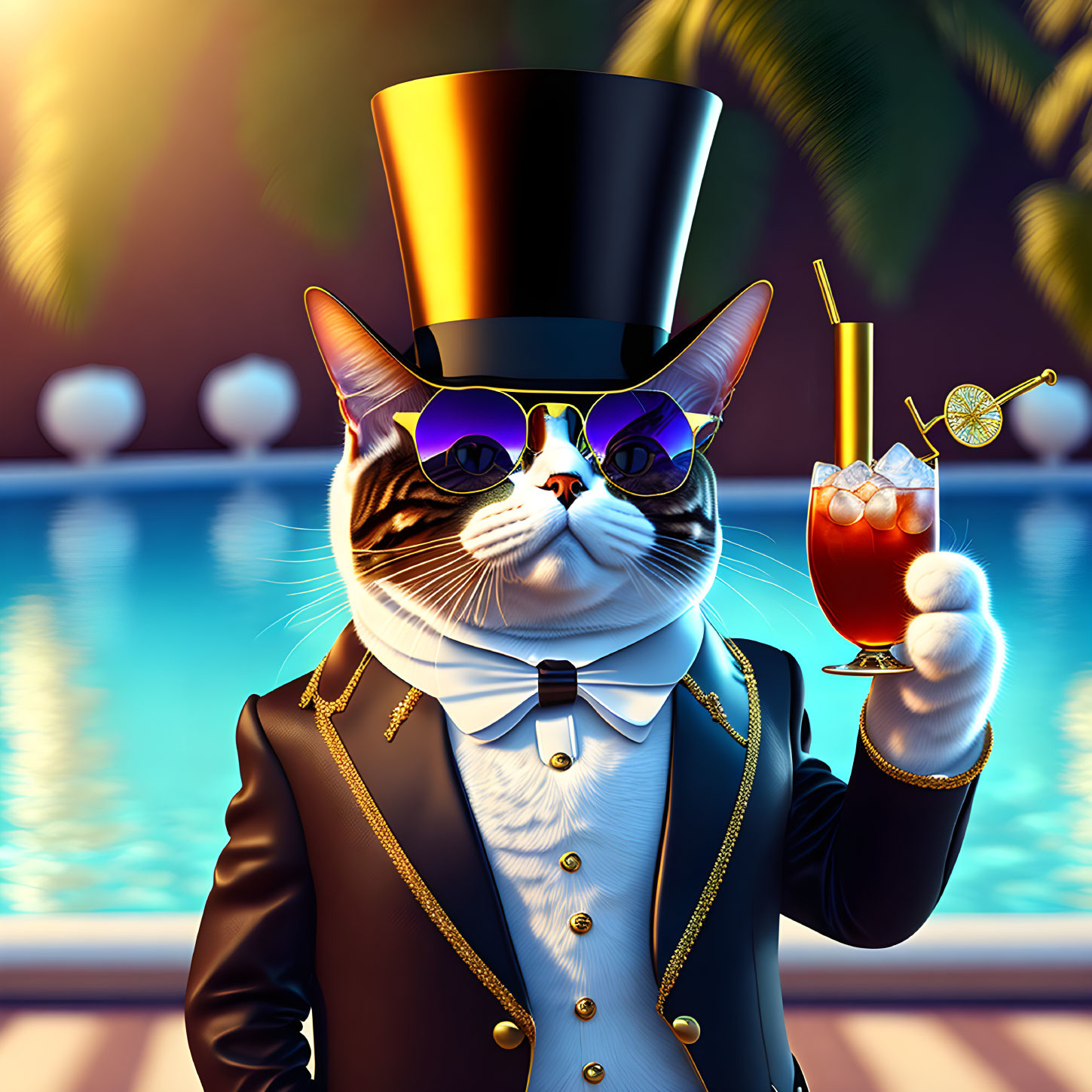 Sophisticated cat in tuxedo and top hat by pool at sunset