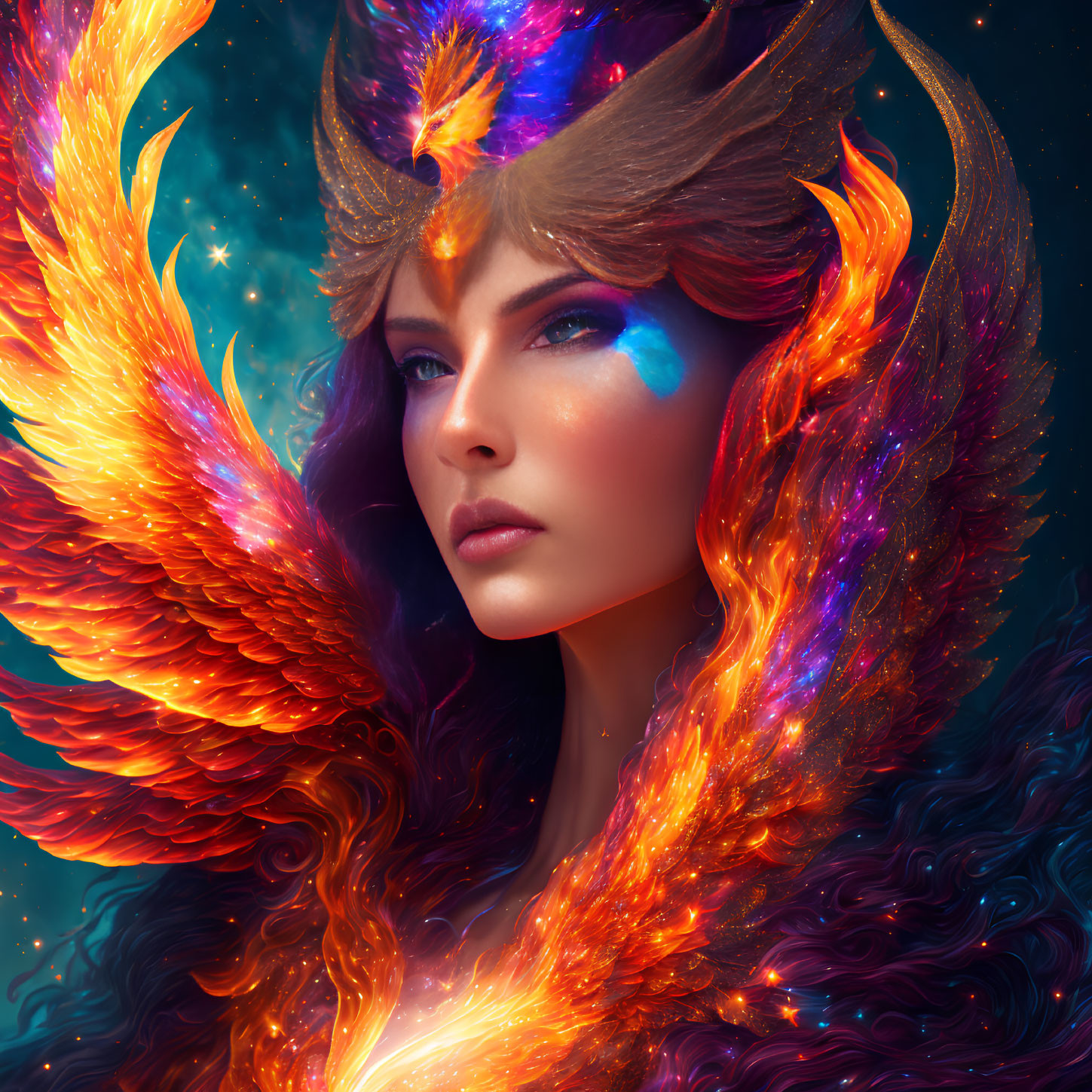 Fantastical portrait of a woman with phoenix wings and mystic face markings