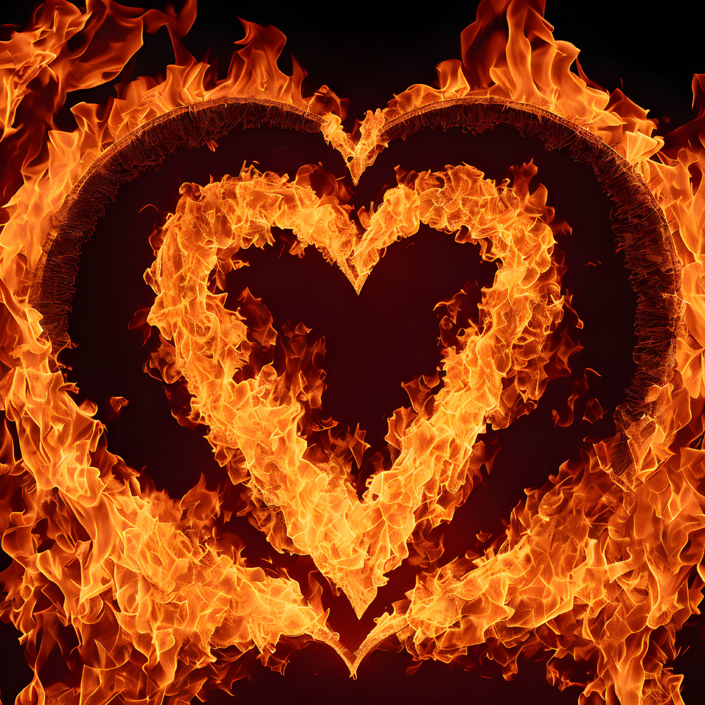 Vibrant orange and yellow flames form heart shape on black background