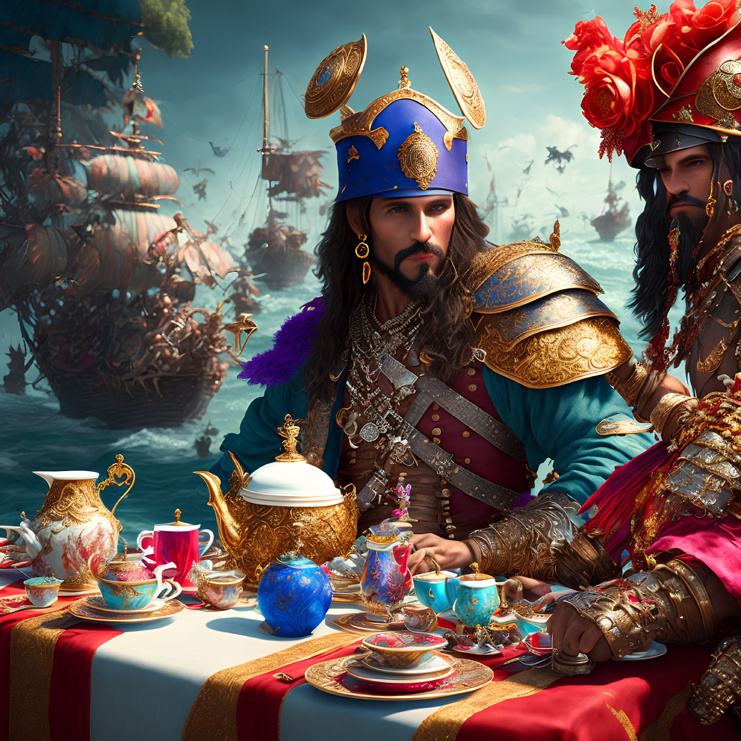 Regal Figures in Ornate Armor with Tea Set and Sailing Ships