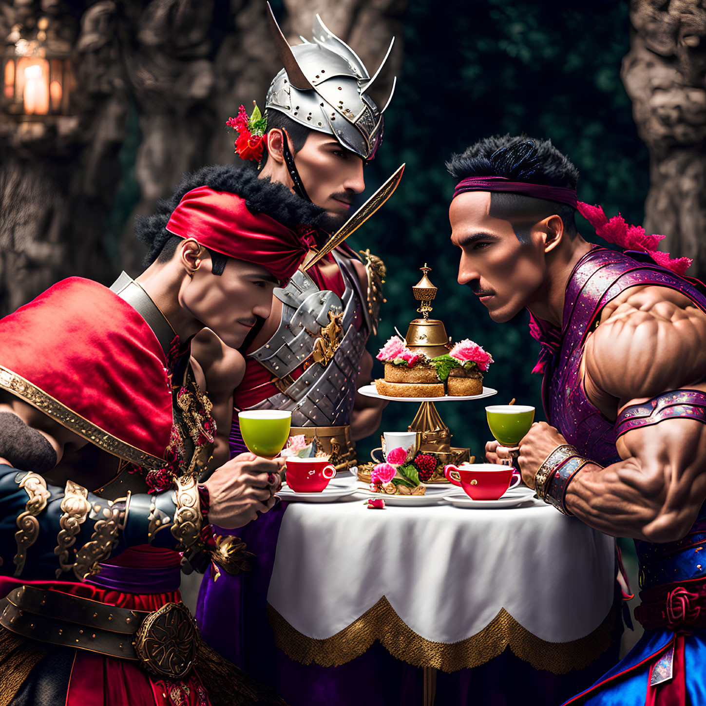 Fantasy-themed scene with stylized characters in ornate costumes