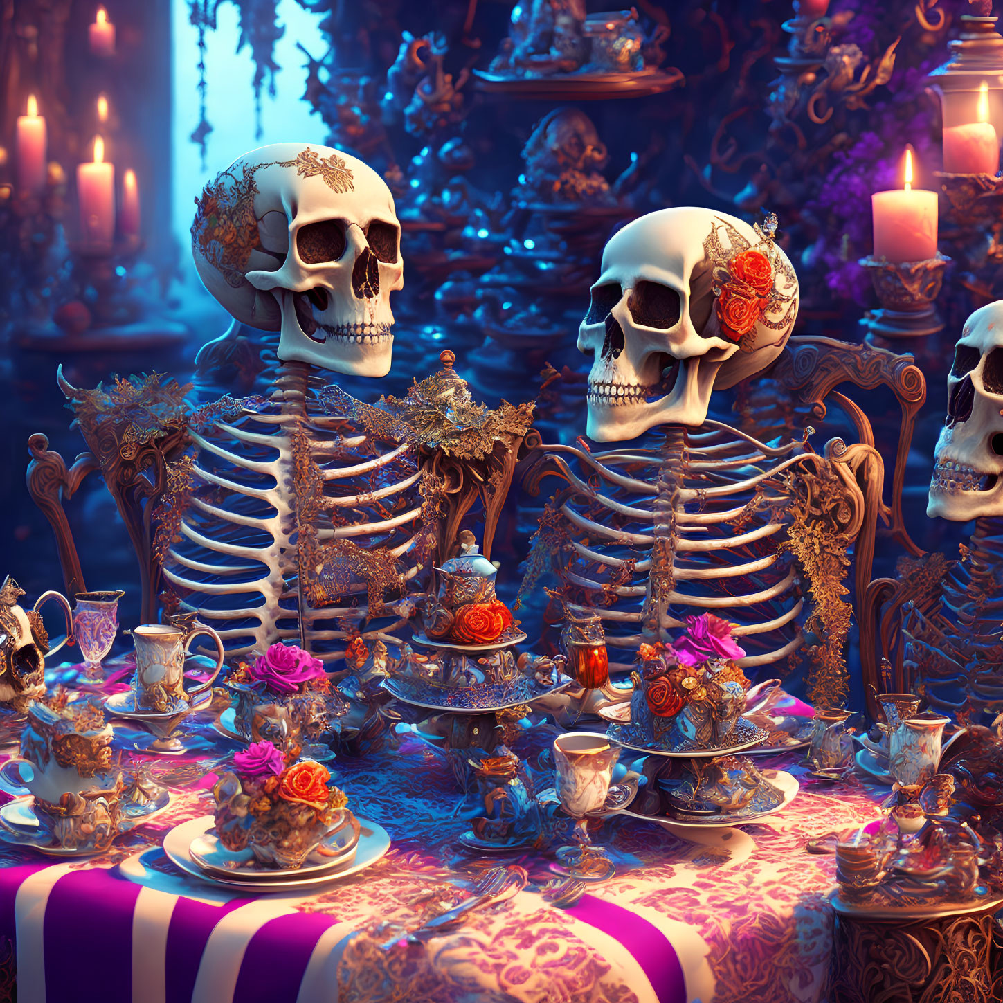 Gothic-themed table setting with skeletons, candles, tea cups, and roses