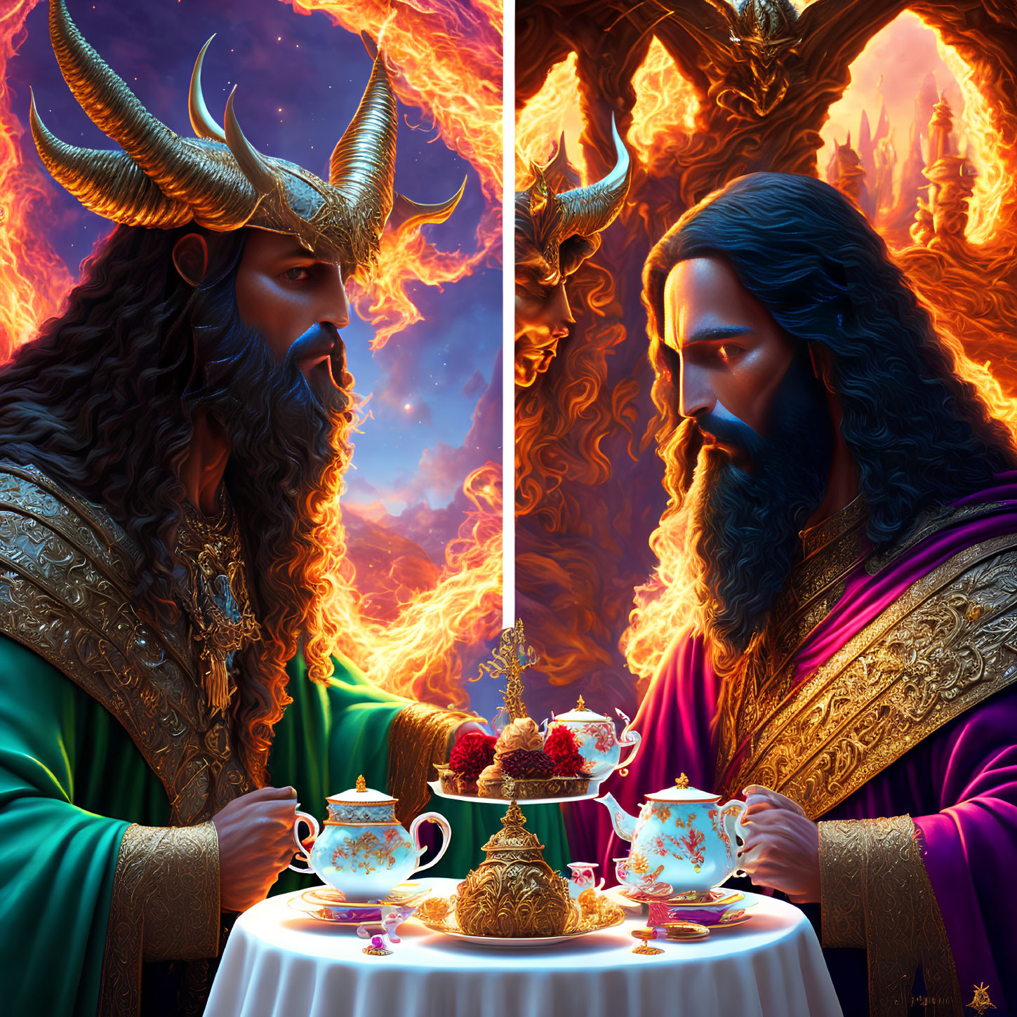 Dual Portrait of Bearded Man with Horns in Calm Tea Scene & Fiery Background