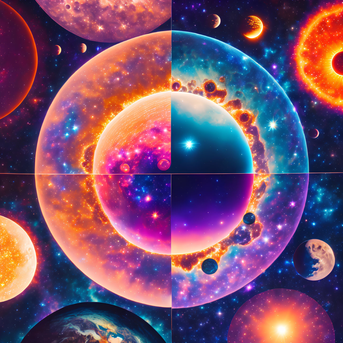 Colorful digital collage of cosmic scenes with planets, stars, and galaxies