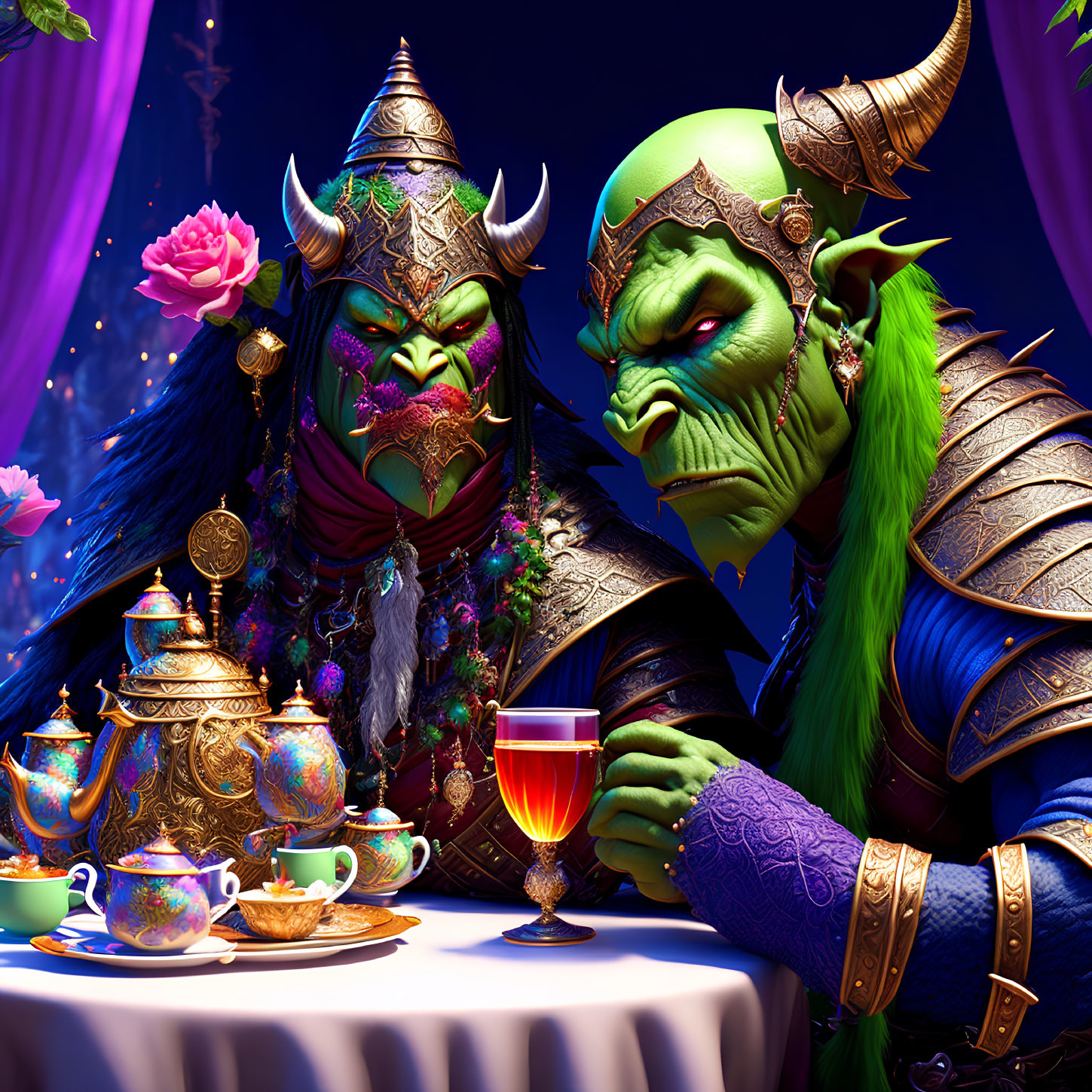 Fantasy creatures in dragon and orc armor having tea with fancy teapots.