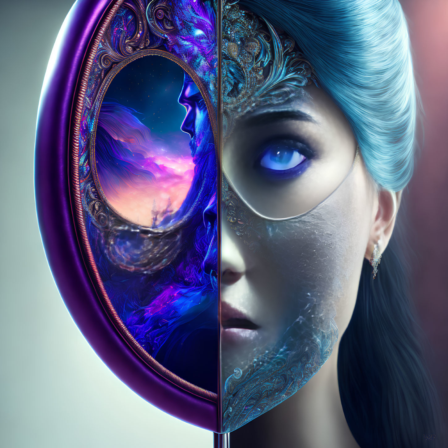 Half-face portrait of woman with blue hair and ornate mask, gazing at cosmic mirror.