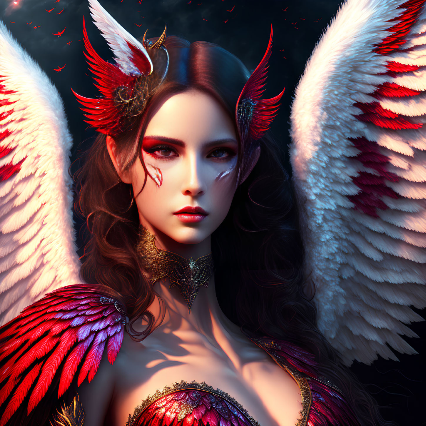 Digital Artwork: Woman with Red & White Angelic Wings & Striking Eye Makeup