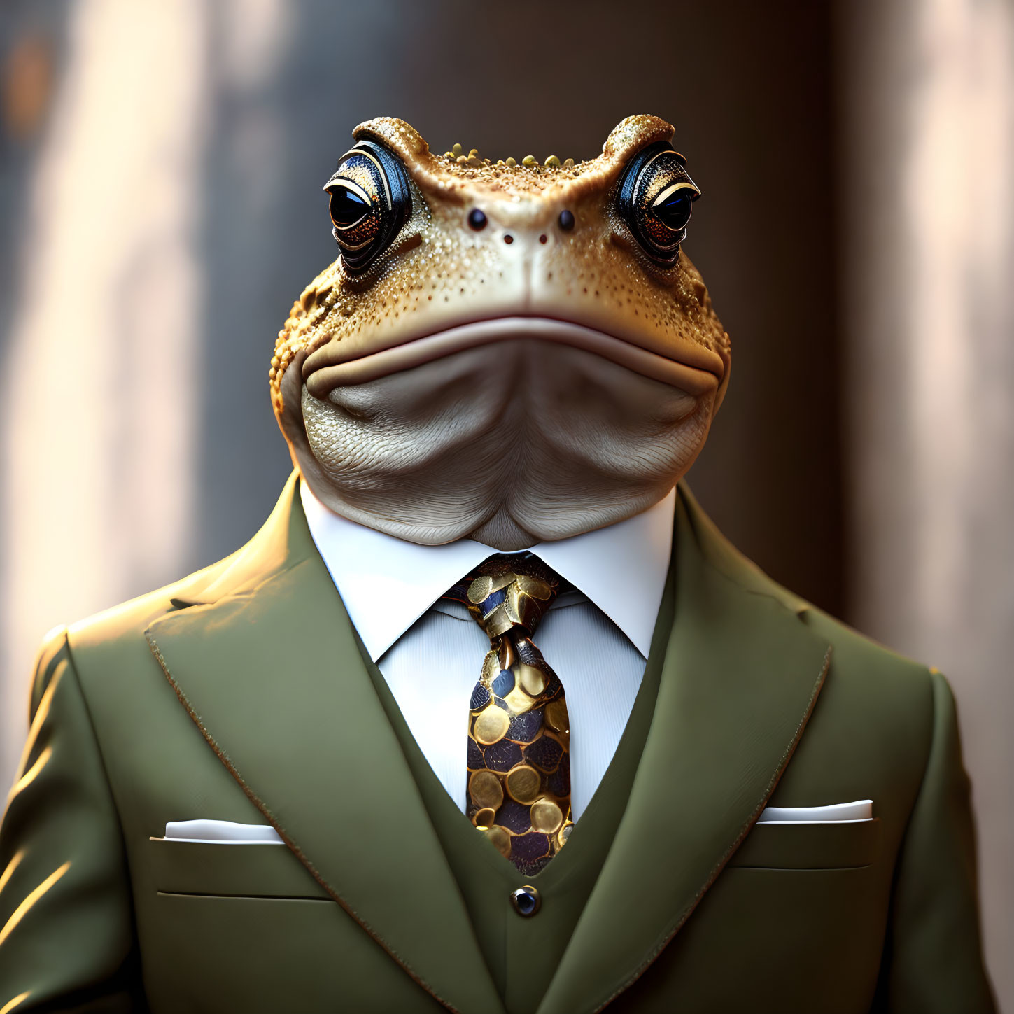 Stylized anthropomorphic toad in olive green suit and tie