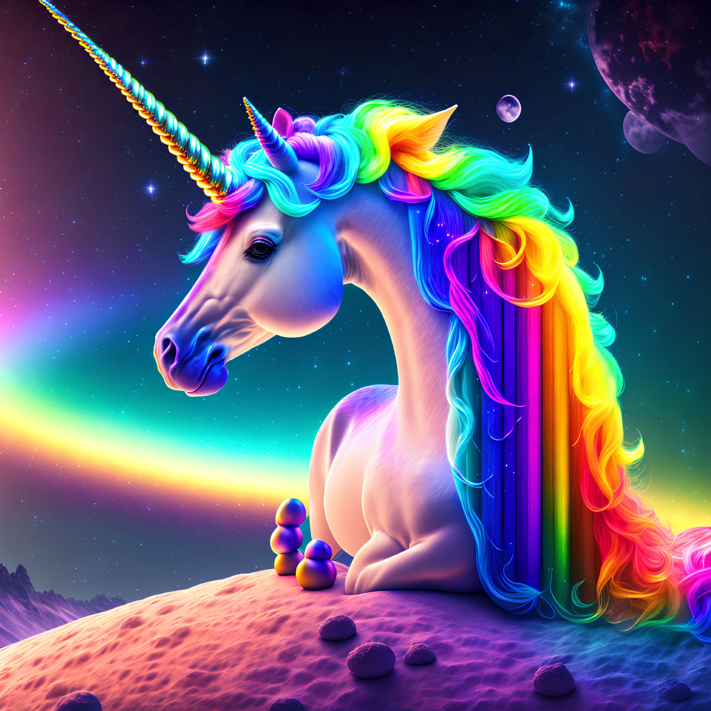 Colorful Unicorn with Rainbow Mane on Lunar Landscape & Cosmic Sky