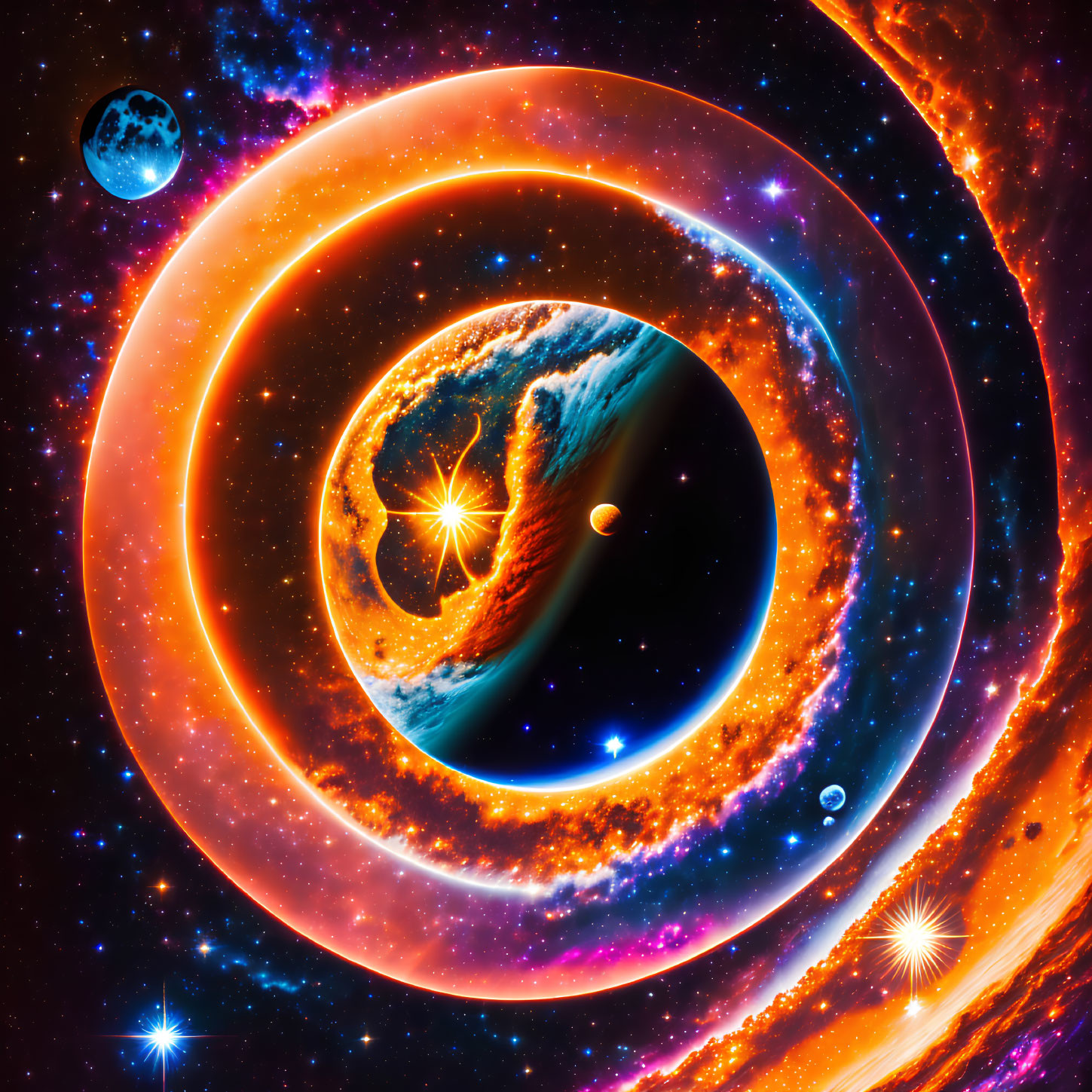 Colorful digital artwork: surreal fiery solar system with close-up of Earth-like planet