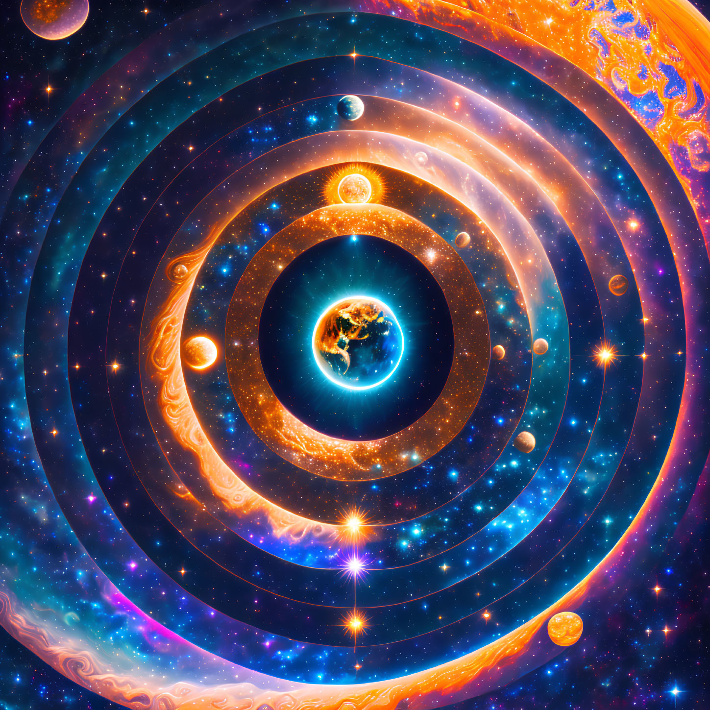 Colorful digital art: Hypnotic solar system representation with vivid planets.