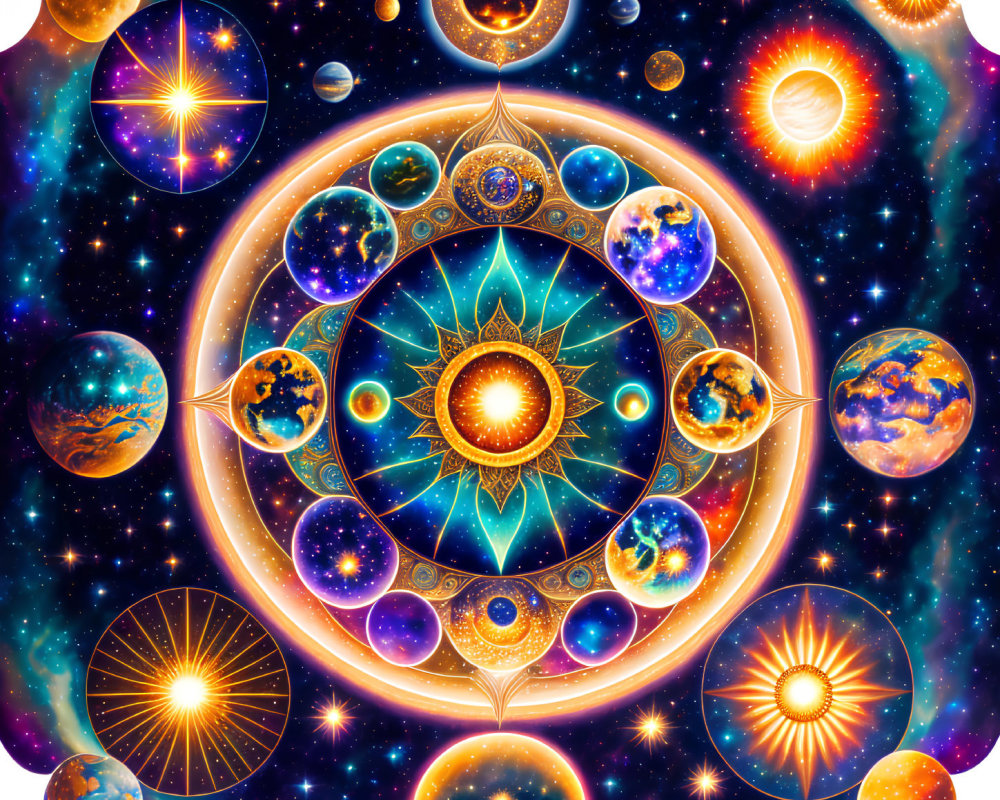 Colorful cosmic mandala surrounded by celestial bodies and stars on nebulous background