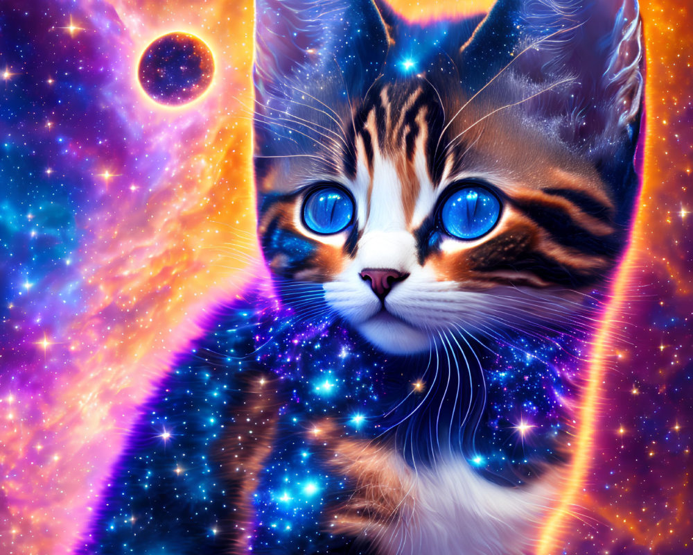 Colorful cosmic cat digital artwork with starry space background