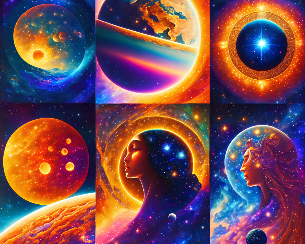 Six vibrant space-themed illustrations with planets, stars, and stylized female figures.