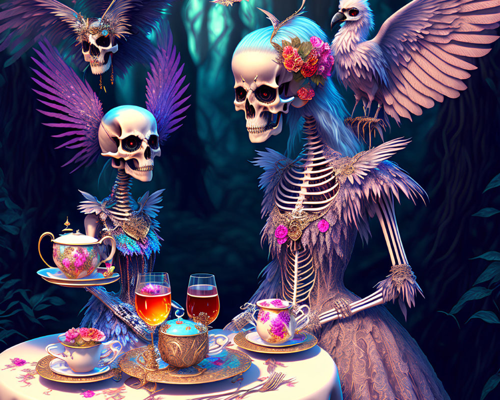 Skeletal figure with flowers hosting tea party in mystical forest