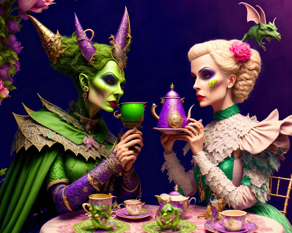 Fantastical female characters in Victorian attire having tea with horns and a dragon