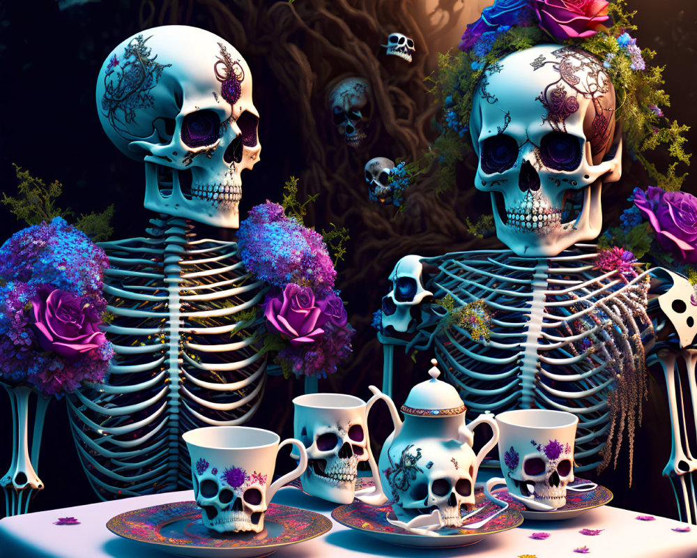 Colorful Flower-Adorned Skulls Tea Party Scene