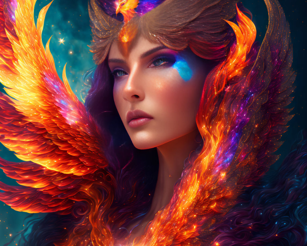 Fantastical portrait of a woman with phoenix wings and mystic face markings