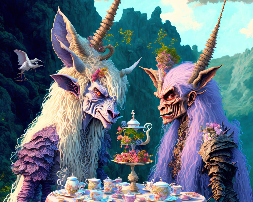 Fantastical creatures with elongated horns sharing tea in lush mountain landscape