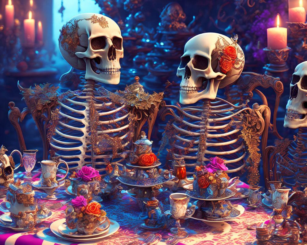 Gothic-themed table setting with skeletons, candles, tea cups, and roses