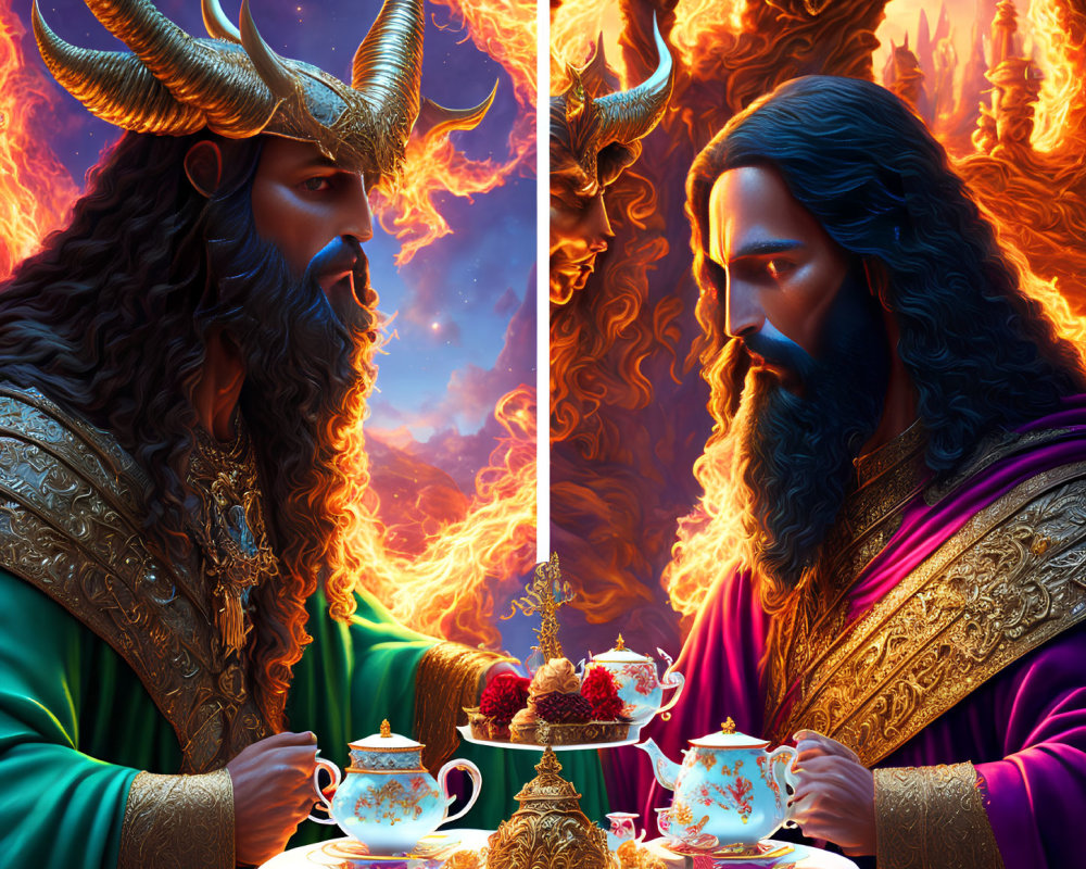 Dual Portrait of Bearded Man with Horns in Calm Tea Scene & Fiery Background