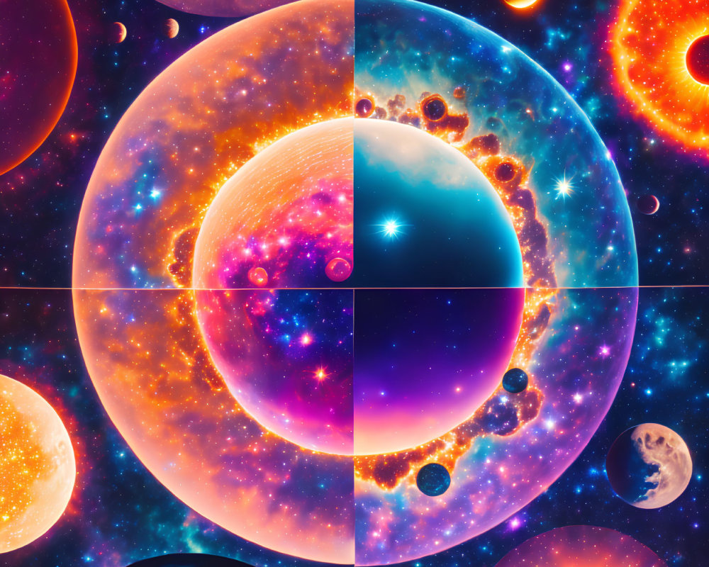 Colorful digital collage of cosmic scenes with planets, stars, and galaxies