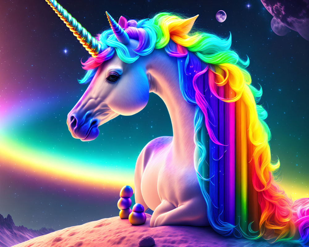 Colorful Unicorn with Rainbow Mane on Lunar Landscape & Cosmic Sky