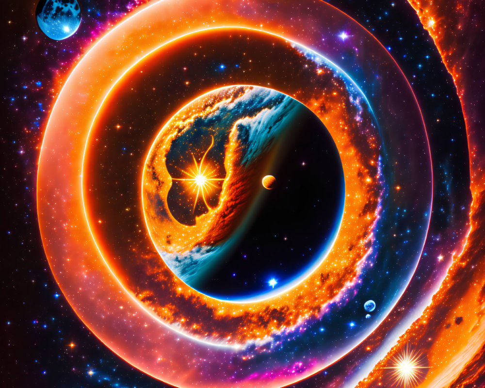 Colorful digital artwork: surreal fiery solar system with close-up of Earth-like planet