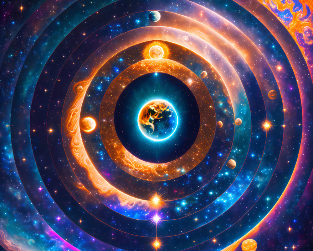 Colorful digital art: Hypnotic solar system representation with vivid planets.