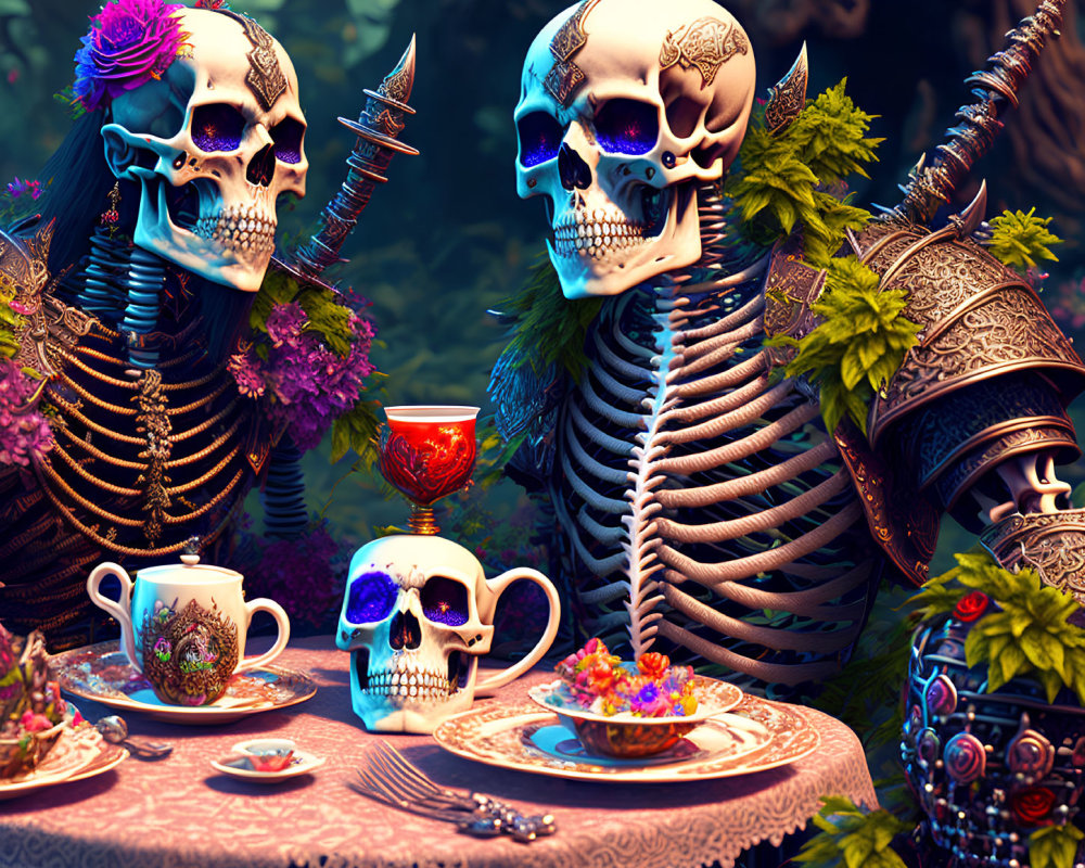 Ornate Skeleton Figures at Tea Party in Mystical Forest