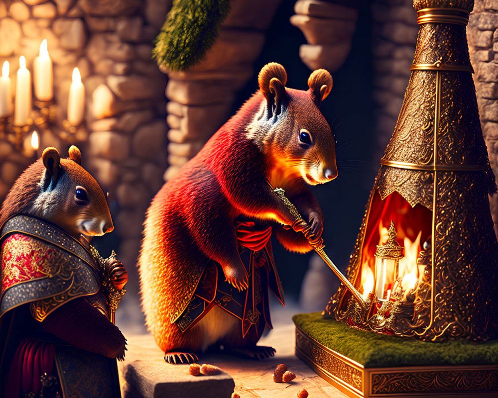 Animated squirrels in medieval setting roasting nuts over fire surrounded by candles and acorns