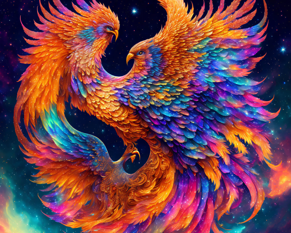 Colorful Phoenixes Soaring in Cosmic Sky