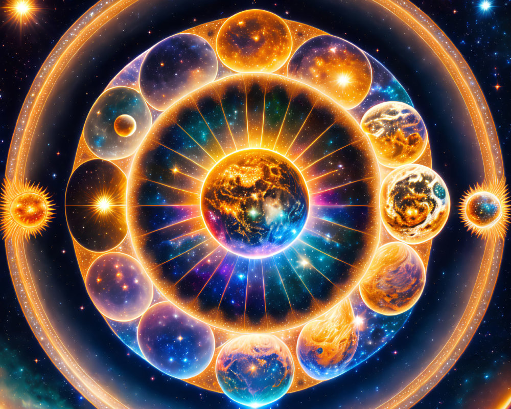 Artistic Solar System with Golden Rings on Starry Background