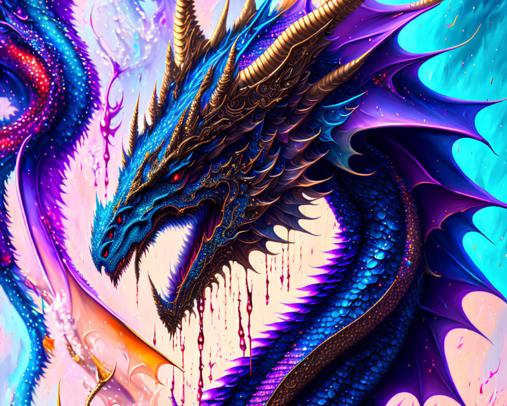 Vivid Blue Dragon Artwork with Golden Horns in Abstract Background