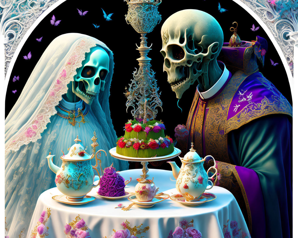 Surreal image of bride and groom skulls at lavish table