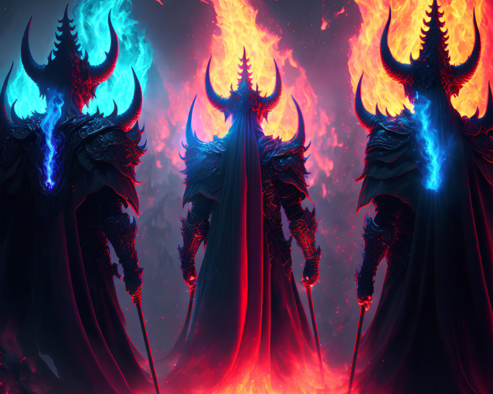 Mystical armored figures with glowing weapons and horns in fiery backdrop