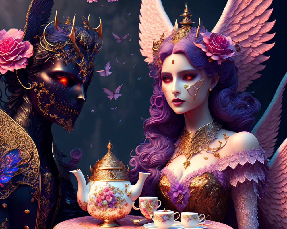 Fantastical image of purple-haired winged woman and crowned male figure with horns, teapot,