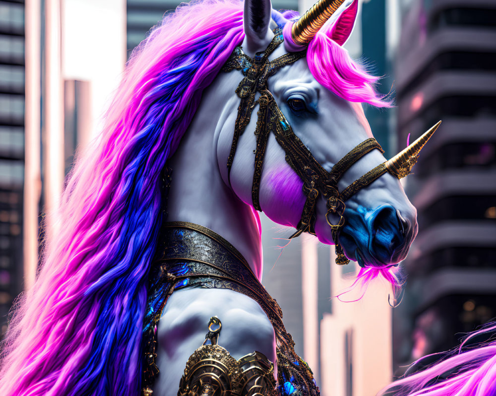 Colorful unicorn with purple and pink mane in urban setting