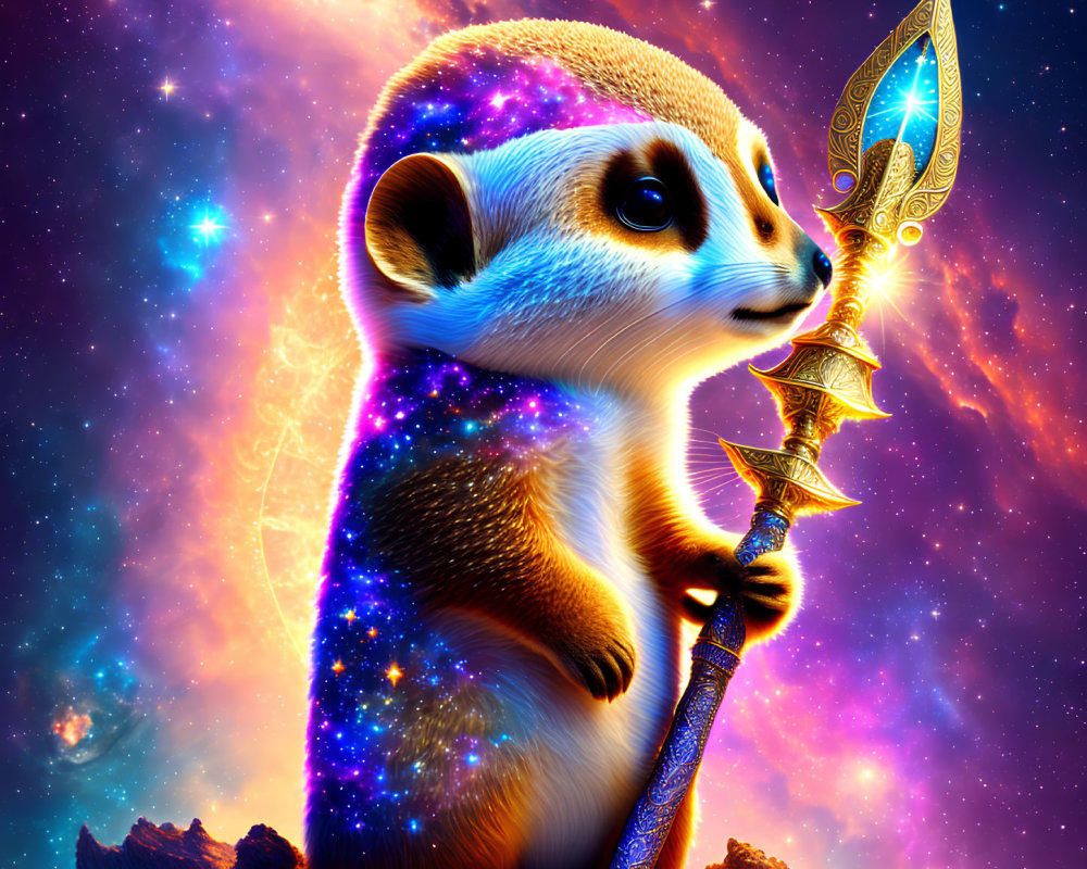 Celestial meerkat with ornate spear in cosmic scene