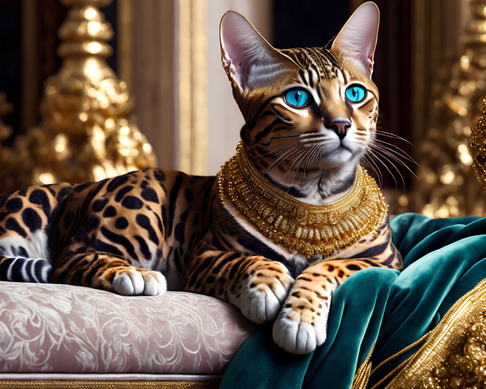 Majestic Bengal Cat with Golden Necklace on Luxurious Sofa