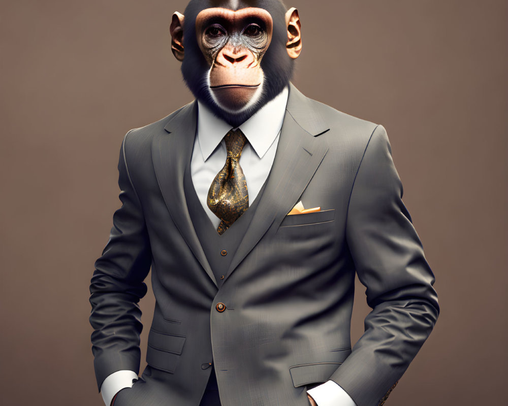 Chimpanzee head on human body in grey suit with patterned tie