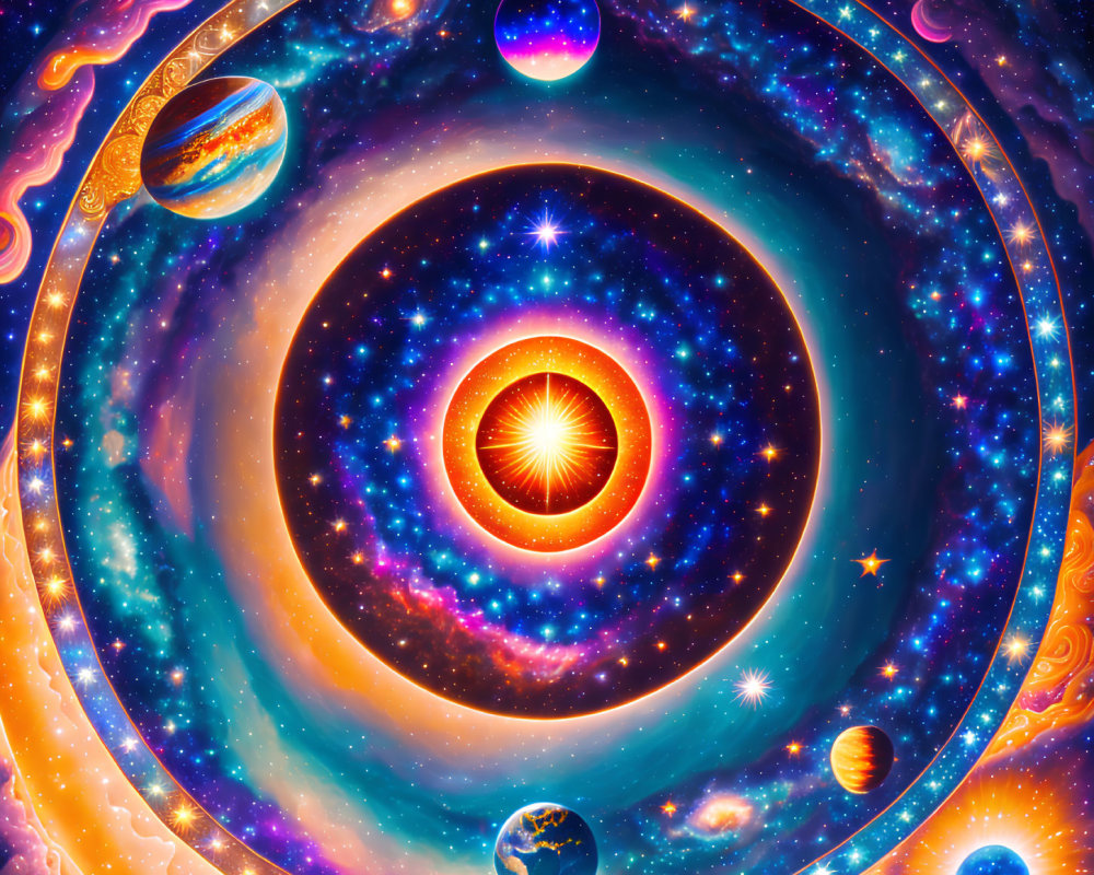 Colorful Solar System Artwork with Central Sun and Swirling Galaxies