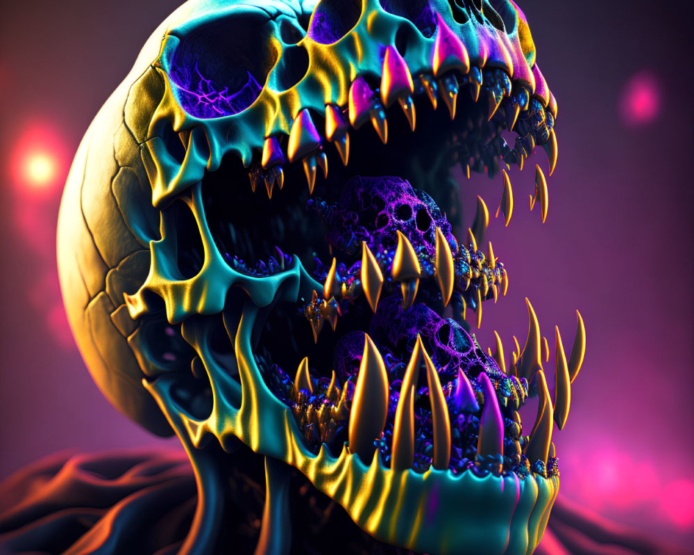 Colorful 3D illustration of serpent-like skull with glowing blue cracks and golden teeth on purple background