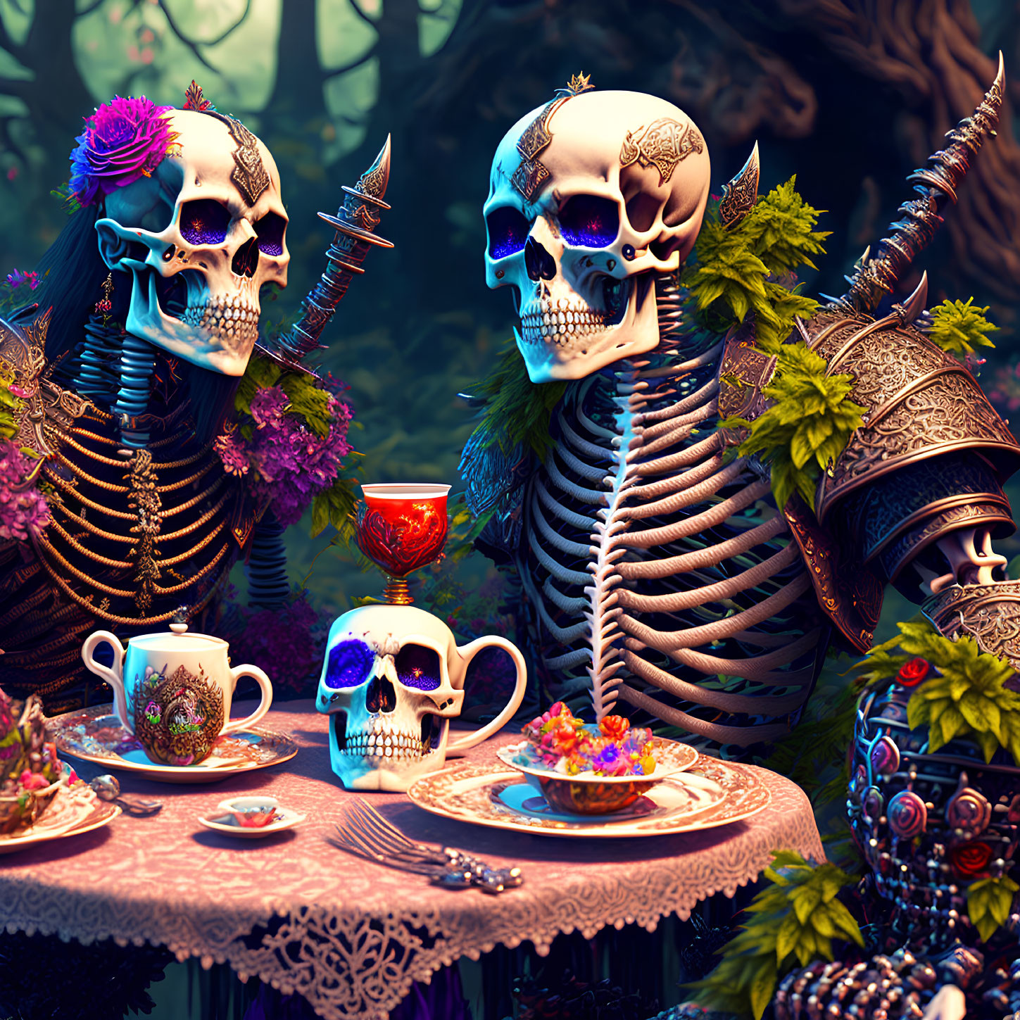 Ornate Skeleton Figures at Tea Party in Mystical Forest