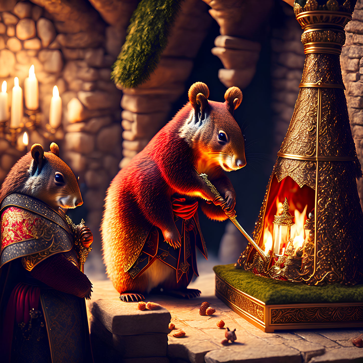 Animated squirrels in medieval setting roasting nuts over fire surrounded by candles and acorns